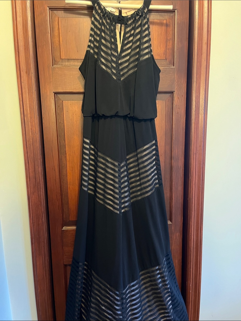 Black Sleeveless Maxi Dress with Sheer Chevron Insets